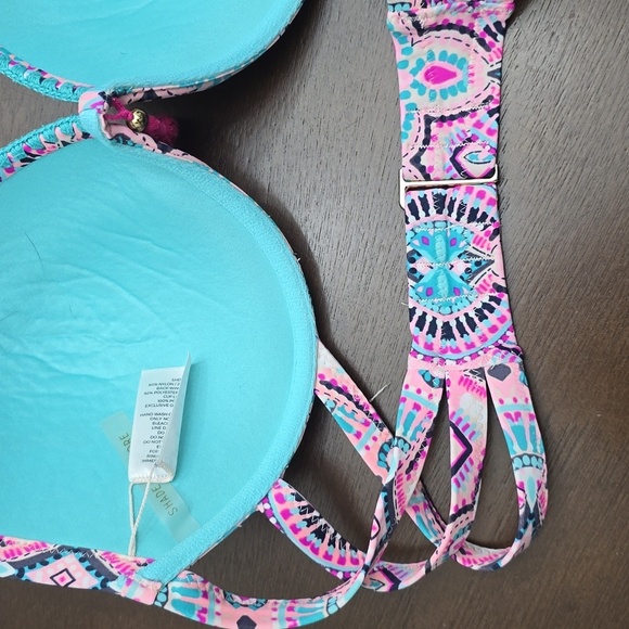 SHADE & SHORE Padded Pushup Multicolor Bikini Top 36D Pink Turquoise - Picture 3 of 3